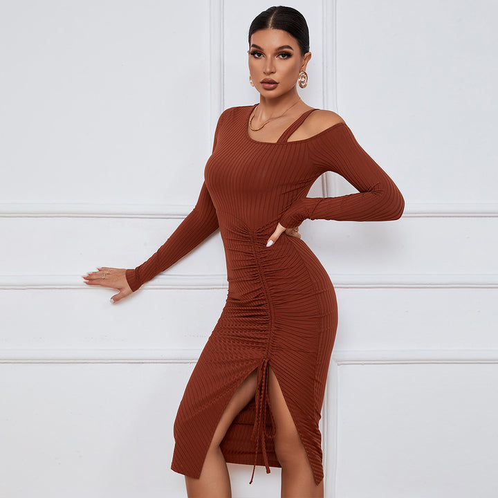 Brown Full Sleeve Cold Shoulder Front Ruched Dress