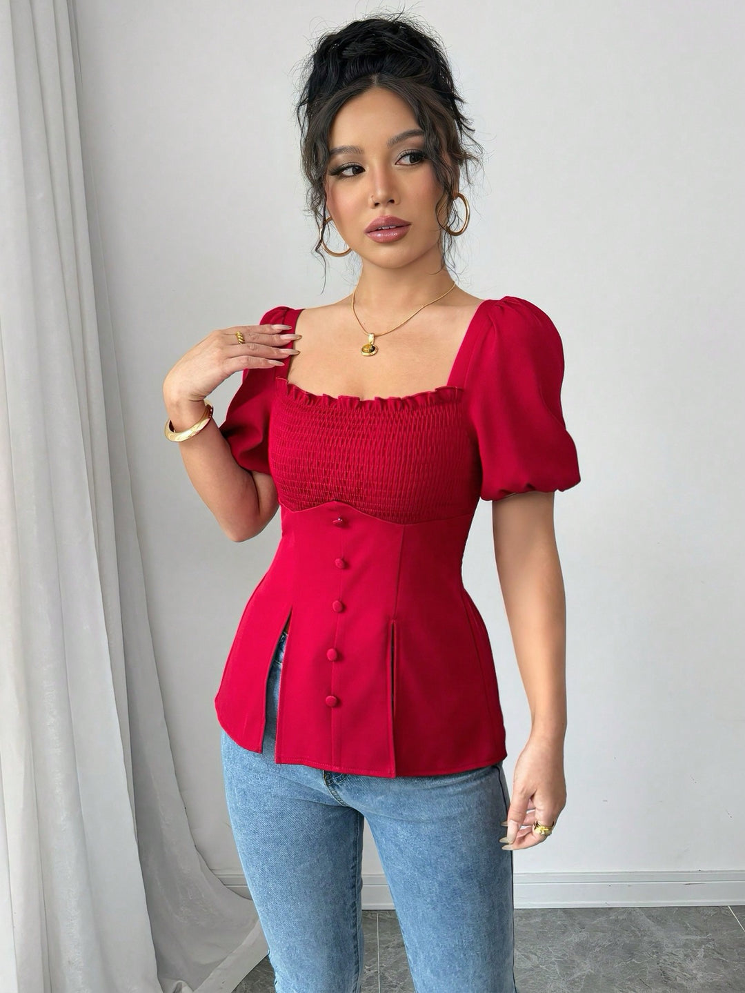 Red Puff Sleeve Square Neck Slit Top