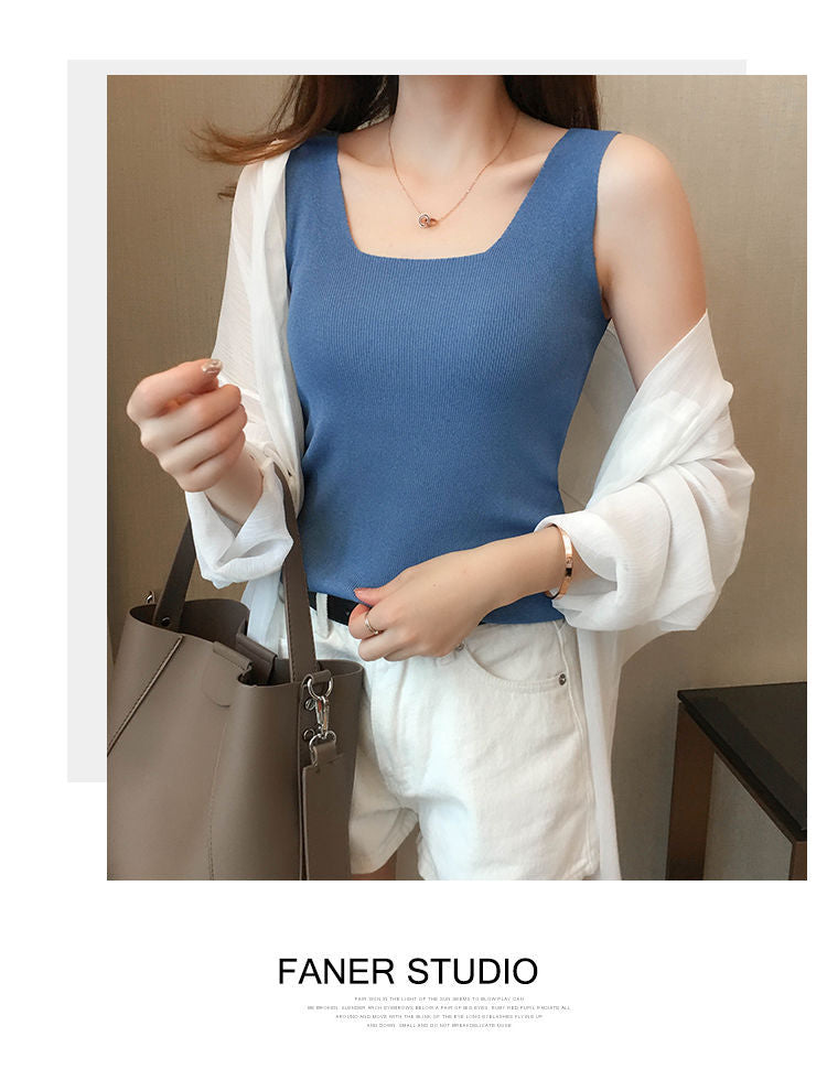 Blue Shoulder Strap Basic Fitted  Top