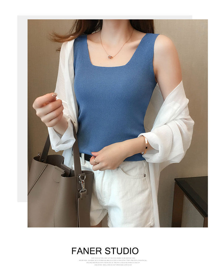 Blue Shoulder Strap Basic Fitted  Top
