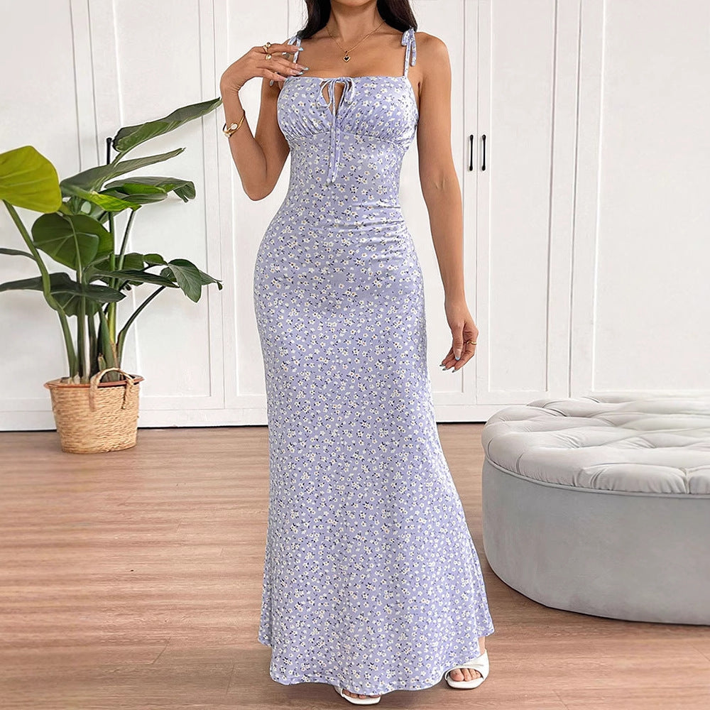 Blue Strappy Tie Up Printed Maxi