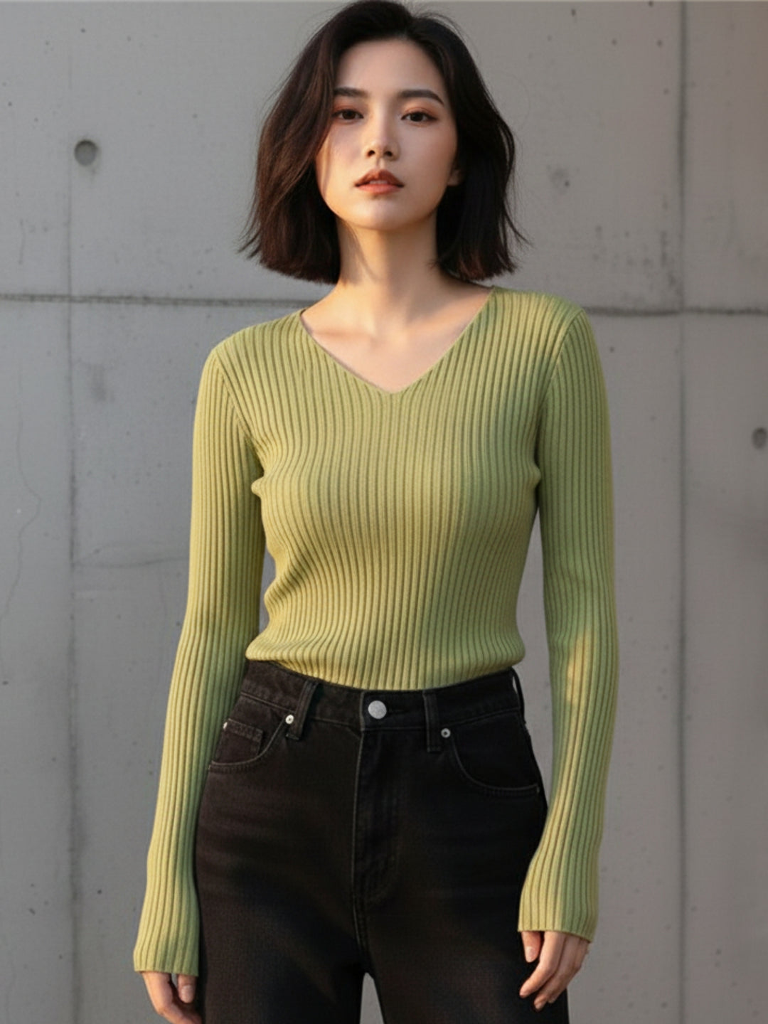 Light Green Full Sleeve V Neck Fitted Top