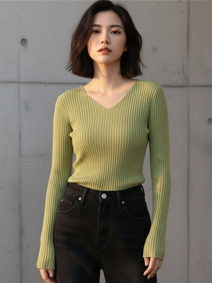 Light Green Full Sleeve V Neck Fitted Top