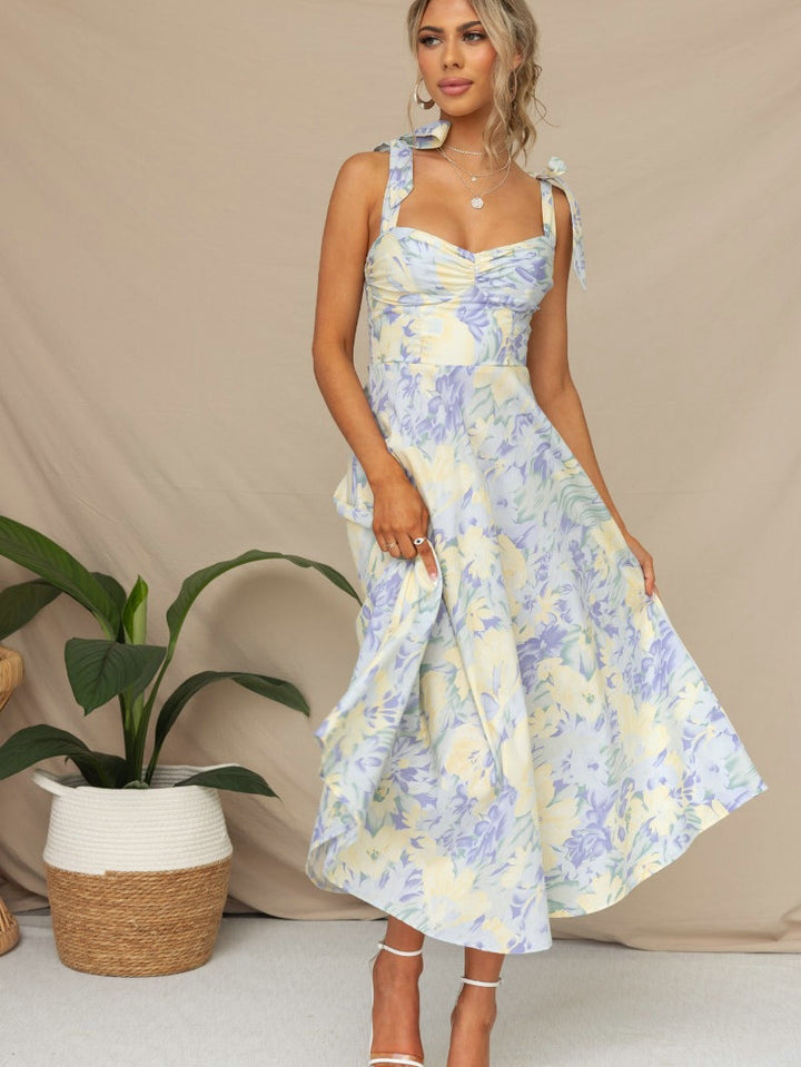 Blue Printed Bustier Tie Up Straps Dress