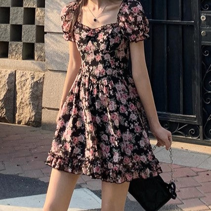Black Fit And Flare Mini Dress With Ruffle Detail