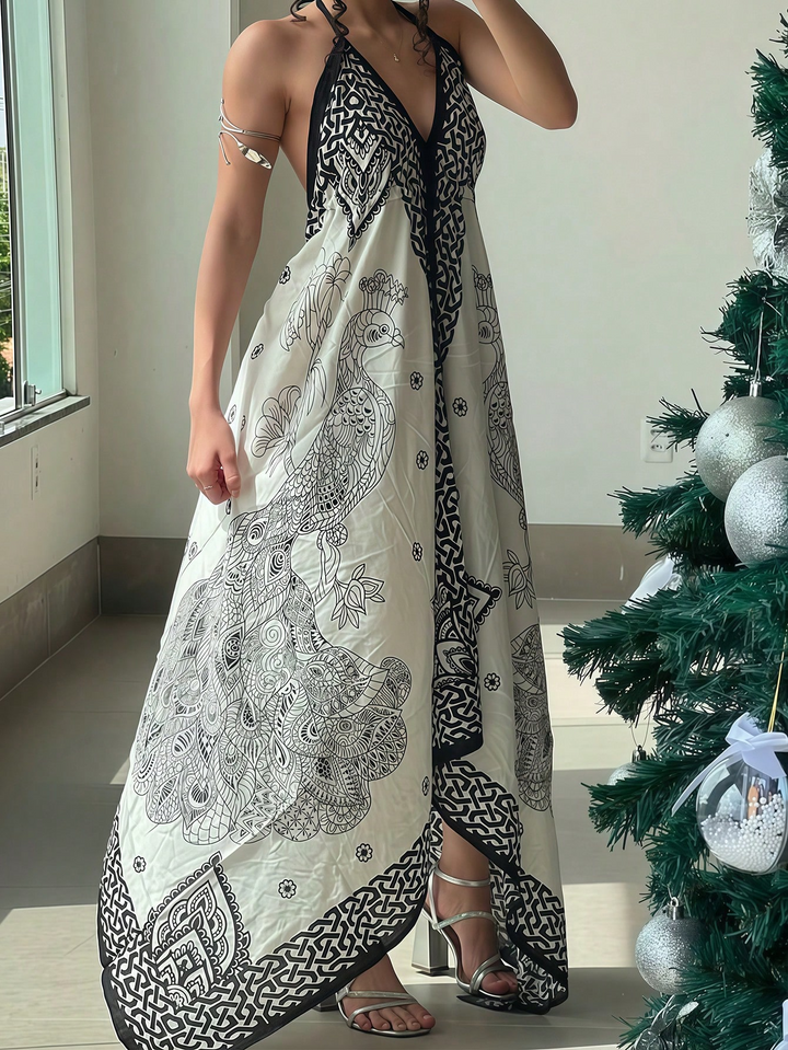 Multi Printed Halter Neck Backless Dress