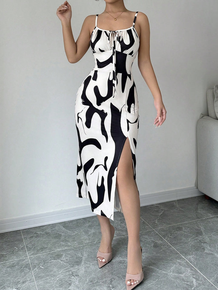 White Abstract Print Waist Fitted Dress