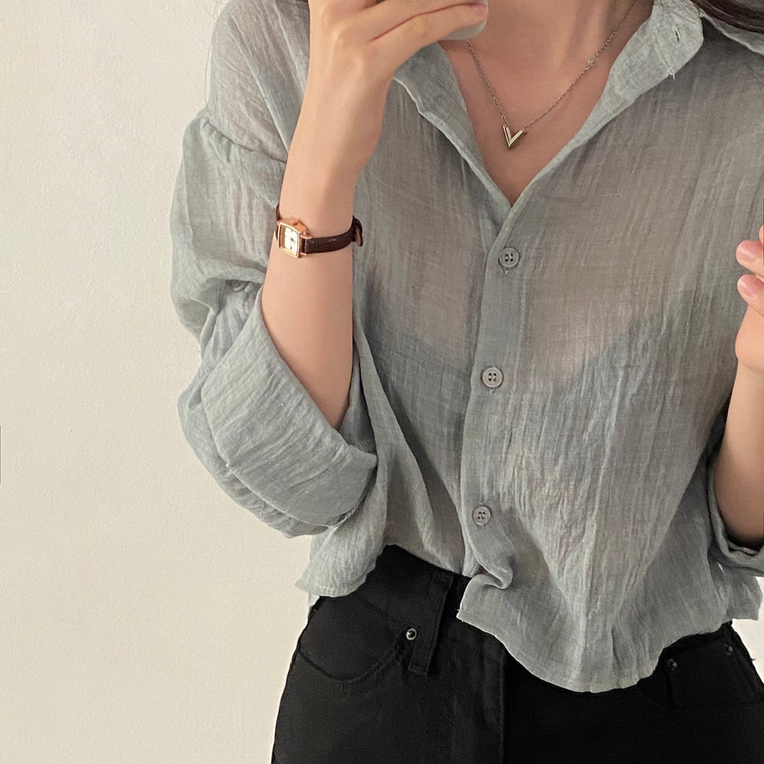 Grey Textured Solid Sheer Shirt