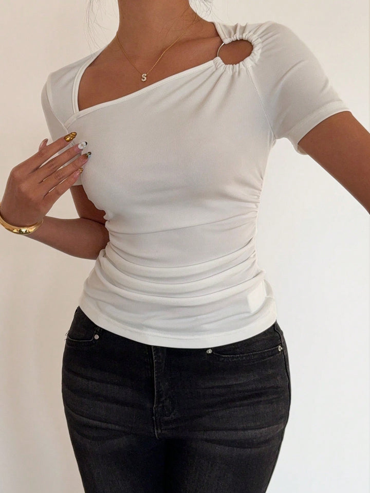 Off White Metal Buckle Short Sleeve Top