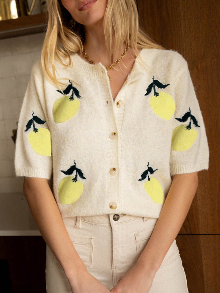 Cream Short Sleeves Printed Button Down Cardigan