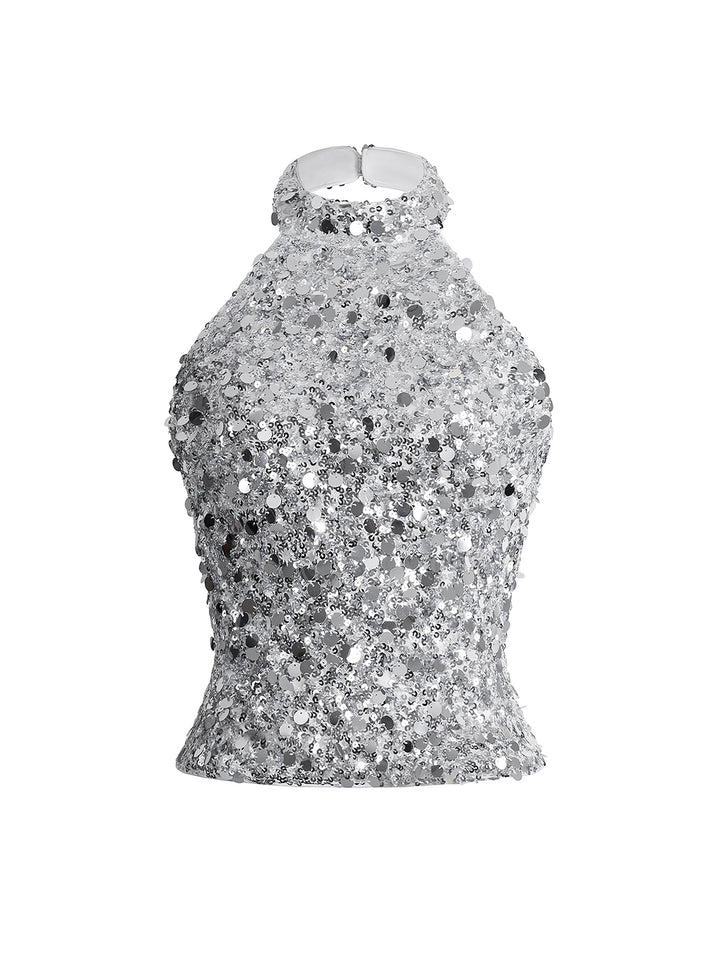 Silver Sequined Halter Neck Top