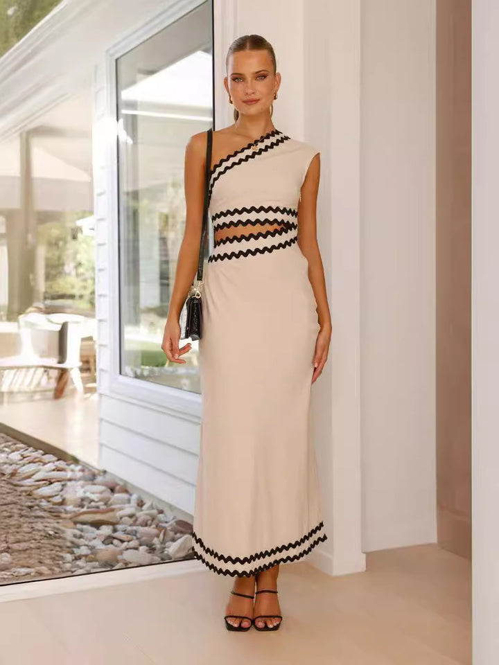 White Contrast Binding One Shoulder Dress