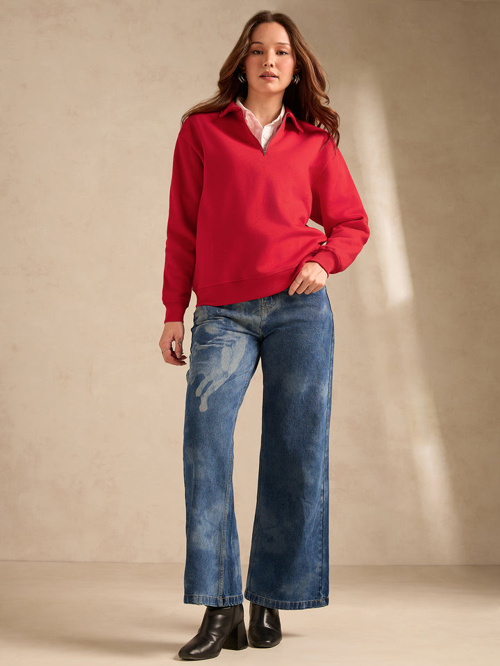 Red Solid Oversized Zipper Sweatshirt