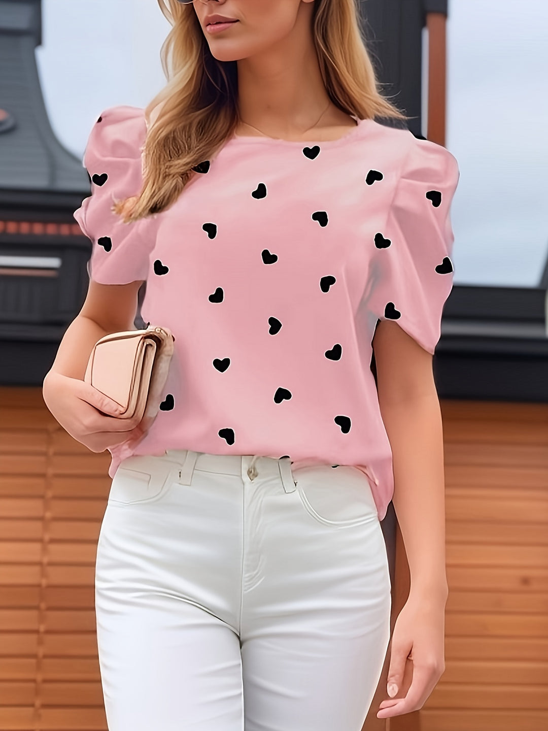 Light Pink Half Puff Sleeves Printed Top
