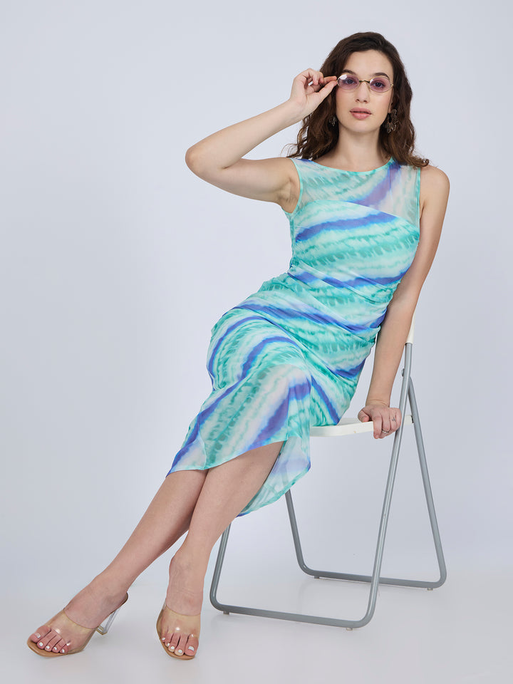 Blue Printed Off Shoulder Midi Dress