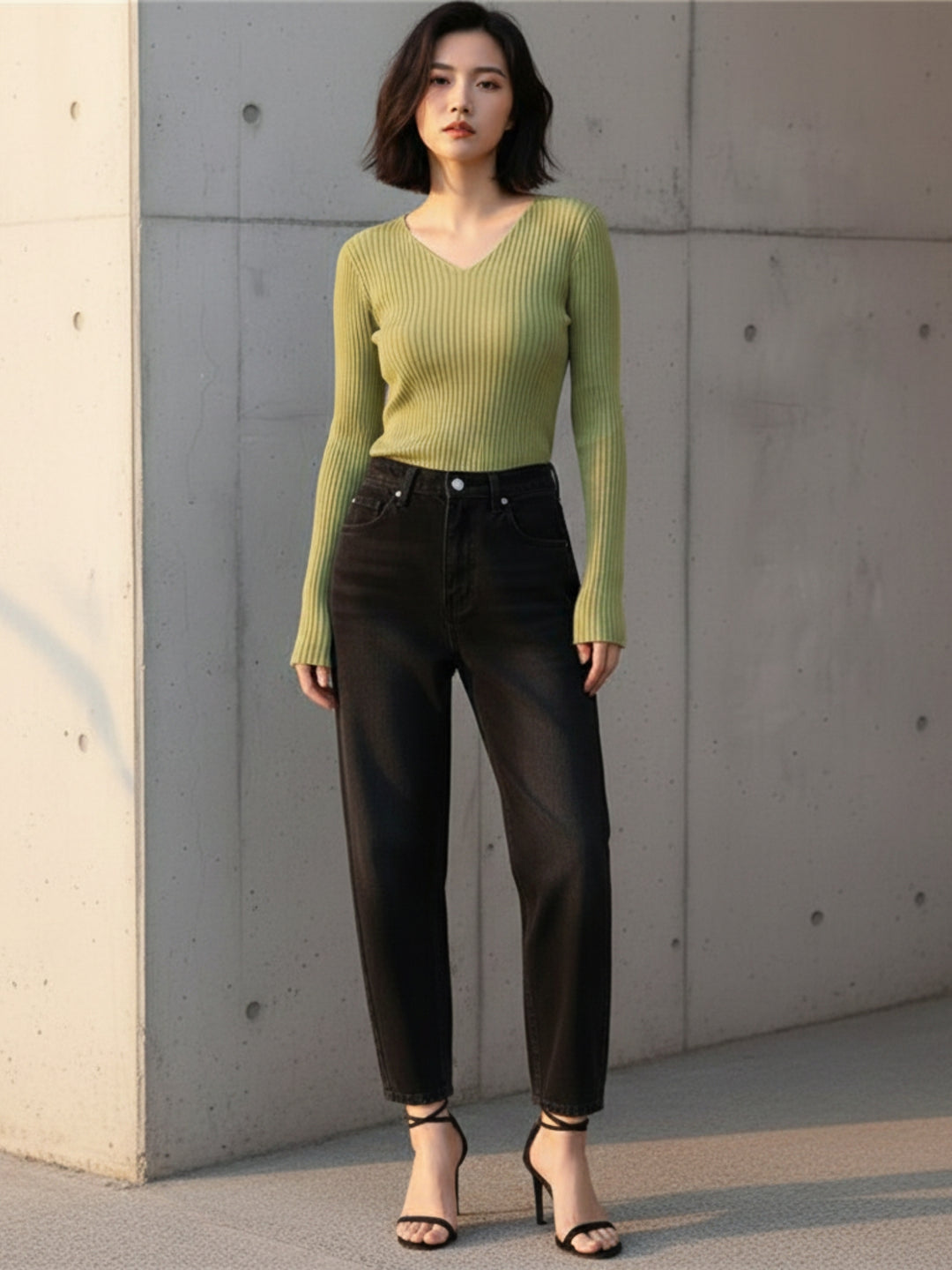 Light Green Full Sleeve V Neck Fitted Top