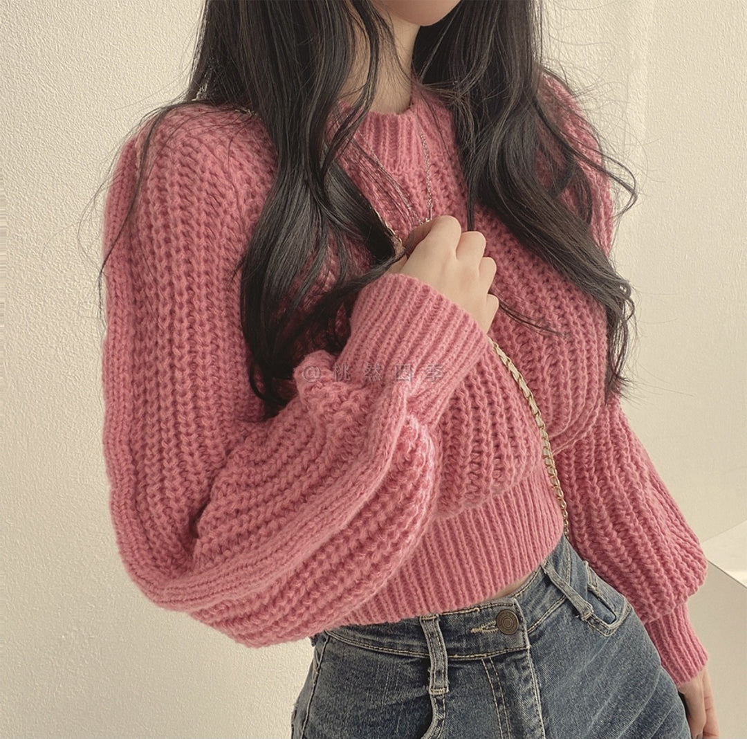 Pink Puff Sleeve High Neck Plain Chunky Sweater