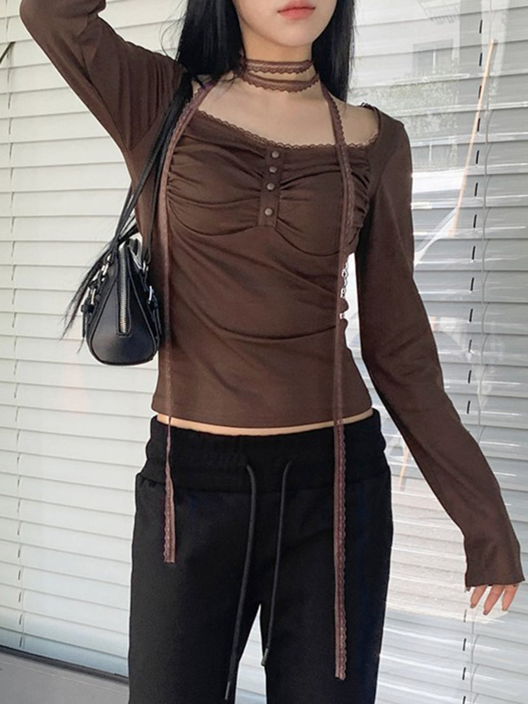 Brown Full Sleeves Fitted Top