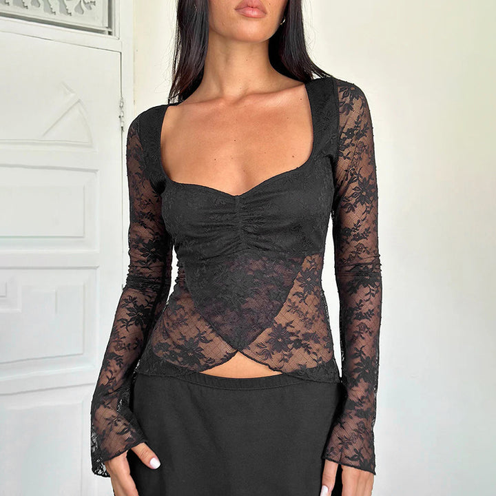 Black Split Lace Long Sleeve Crop Top