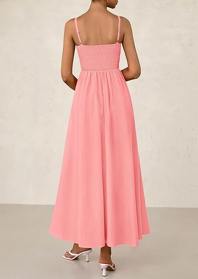 Pink Strappy Square Neck Cinched Waist Dress With Pockets