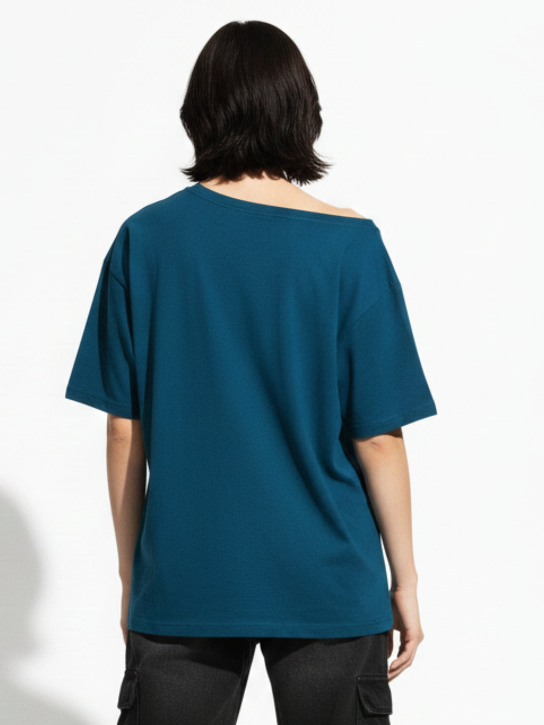 Teal Off-Shoulder Graphic Printed T-Shirt