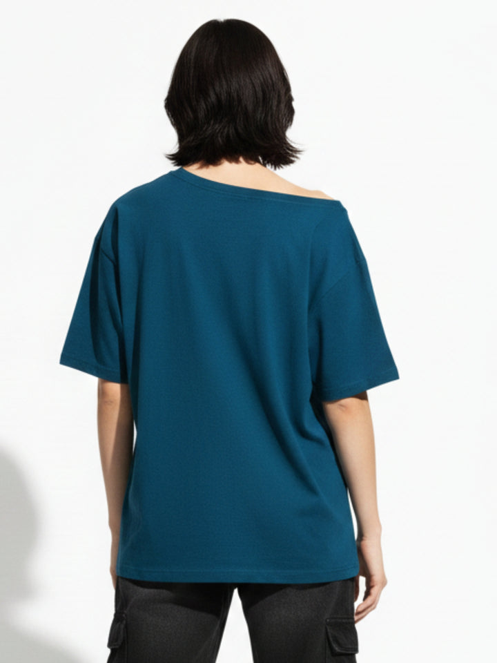 Teal Off-Shoulder Graphic Printed T-Shirt