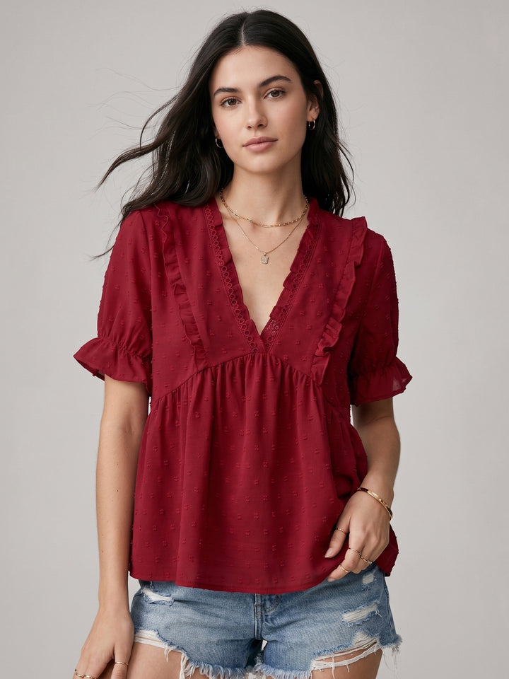 Red Ruffle Sleeve V Neck Top