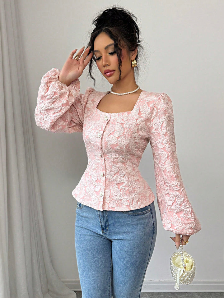 Pink Square Neck Button Down Blouse