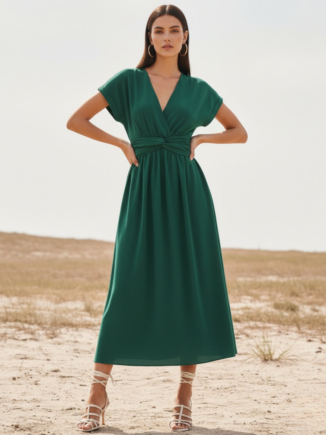 Olive Plunge Neck Twisted Knot Waist Detail Dress