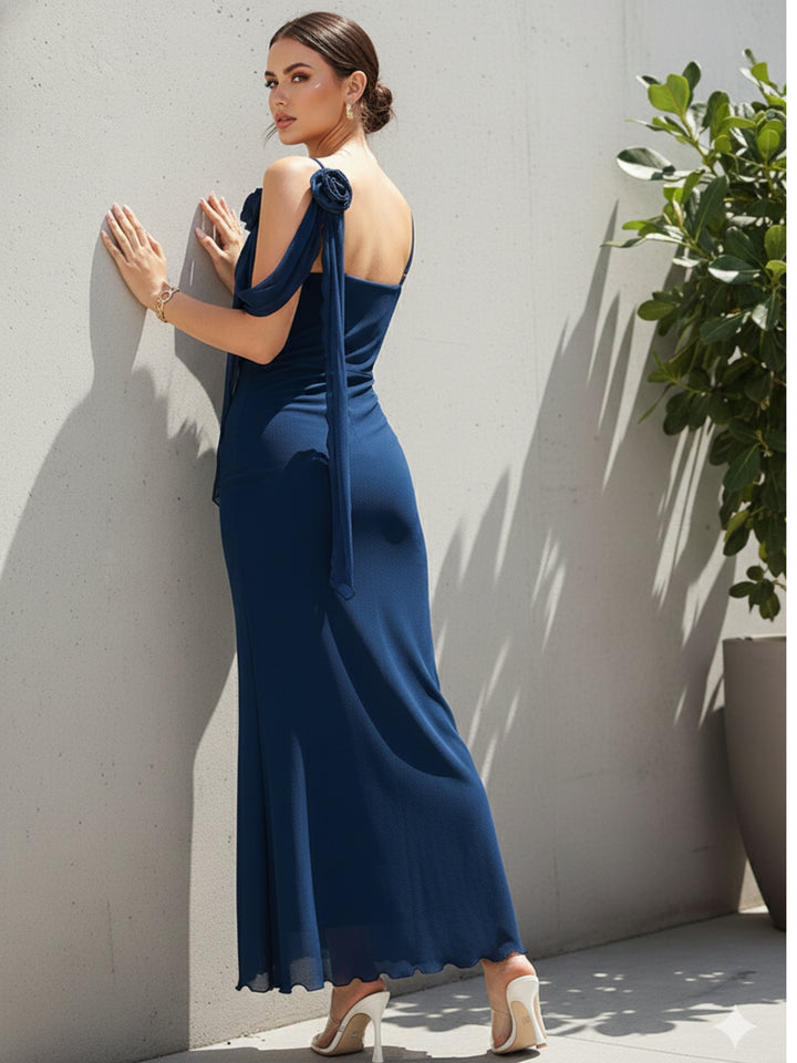 Blue Spaghetti Strap Flower Detail Dress
