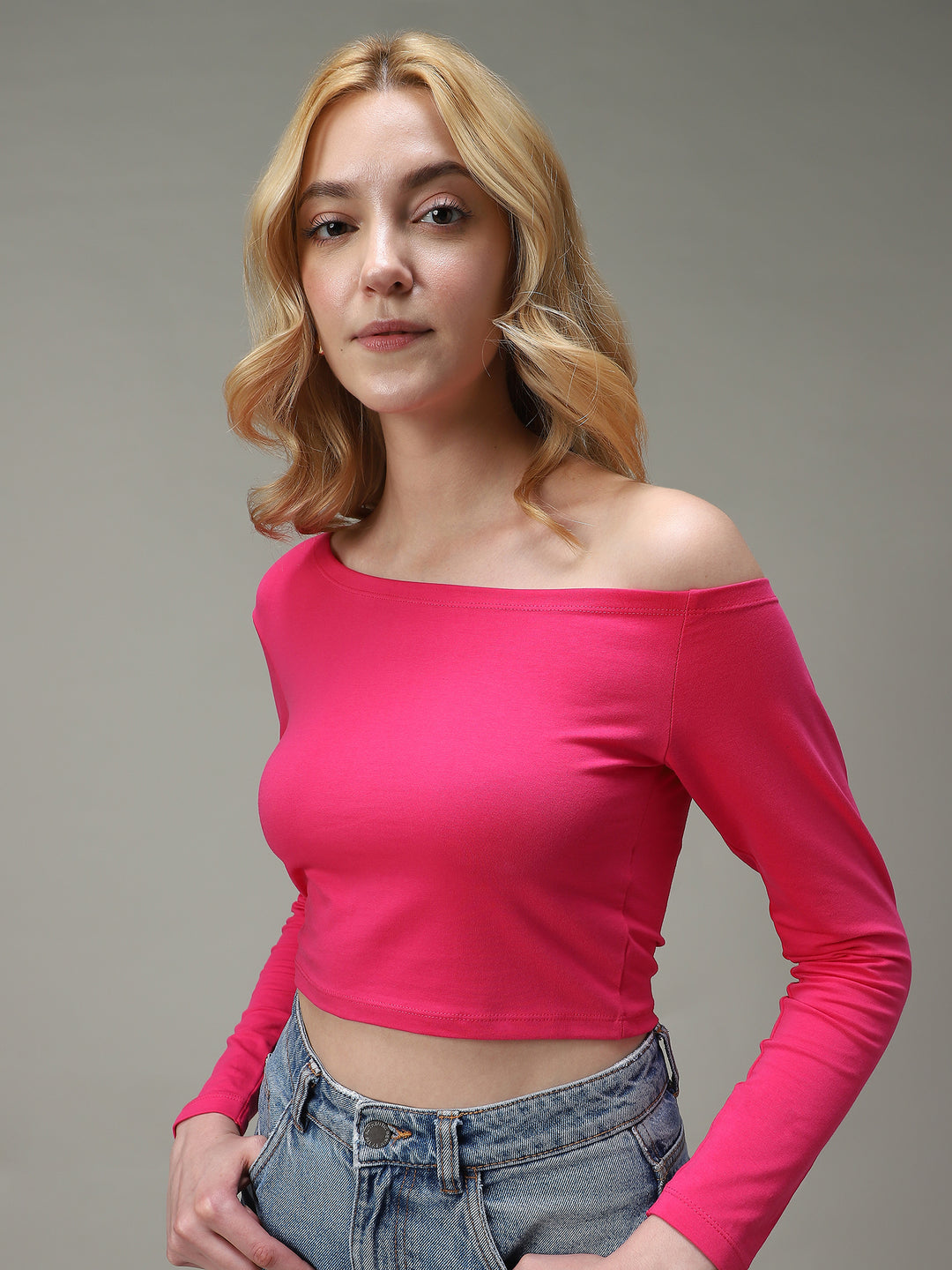 Pink Off-Shoulder Fitted Top