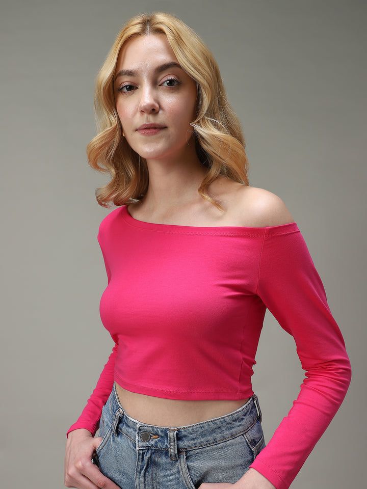 Pink Off-Shoulder Fitted Top