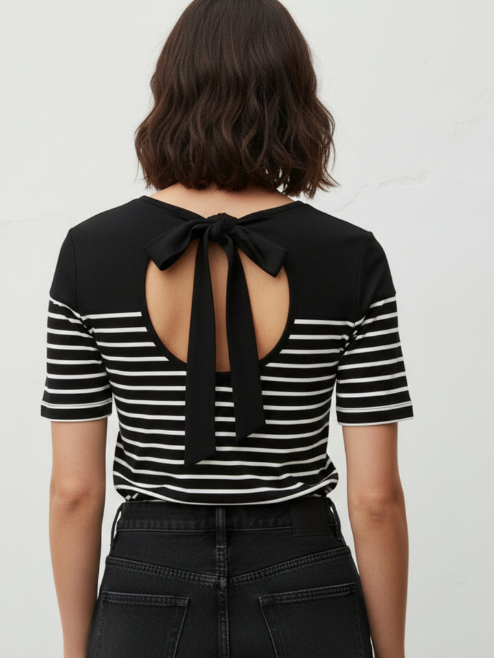 Black Short Sleeve Striped Back Bow Top