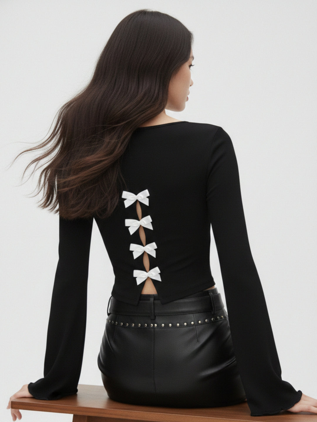 Black Back Multiple Bows Detail Fitted Top