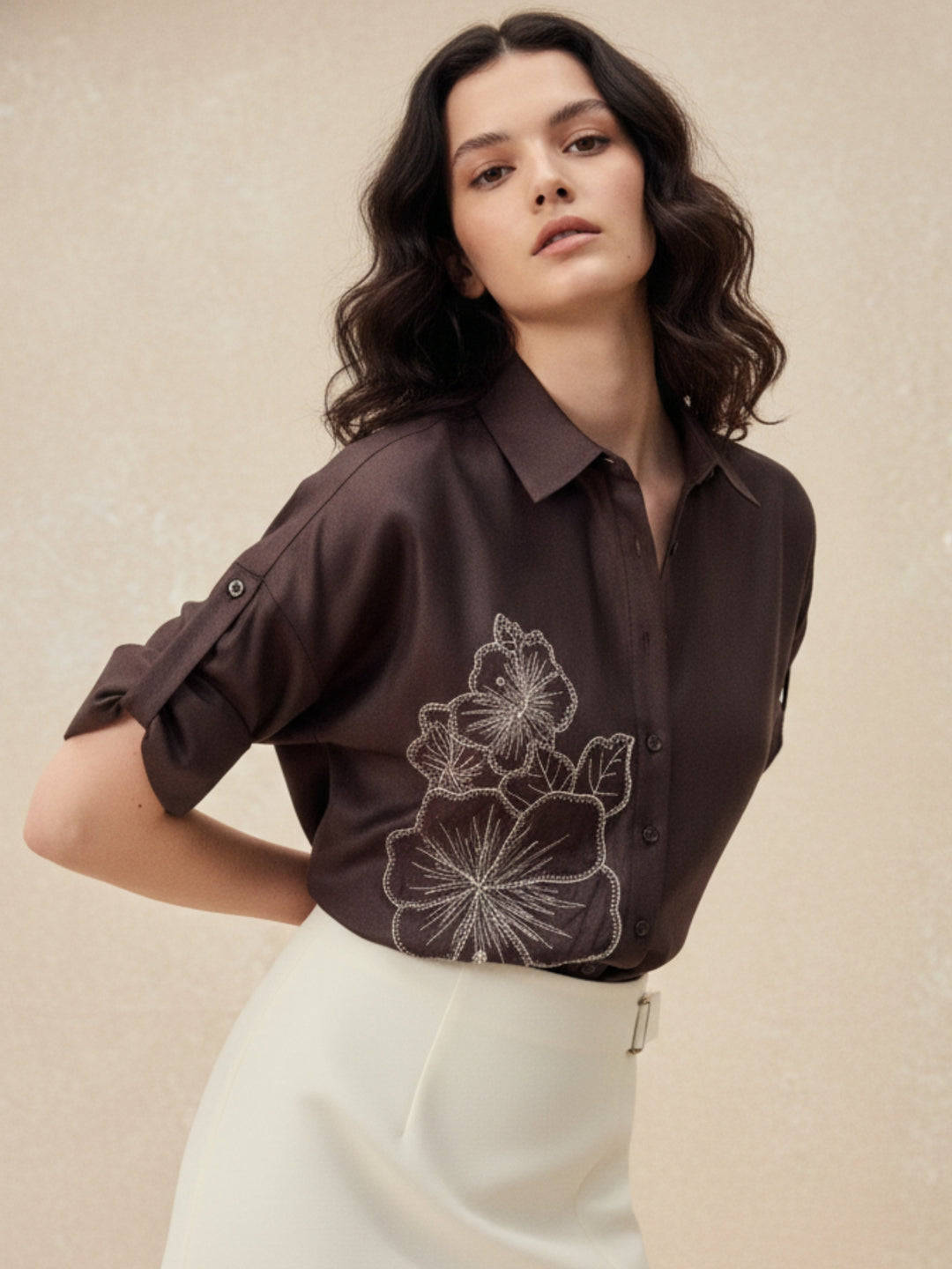Brown Floral Embroidered Applique Shirt