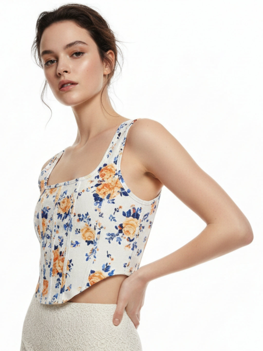 White Shoulder Strap Floral Printed Corset Top