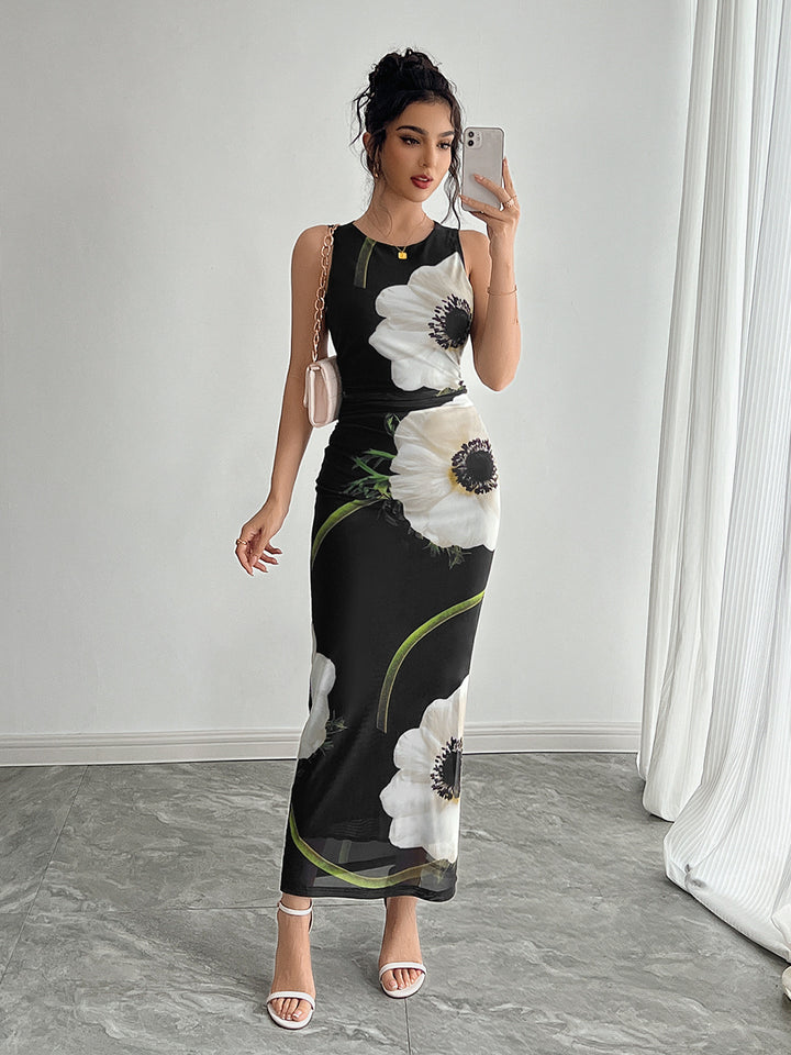 Black Sleeveless Floral Printed Dress