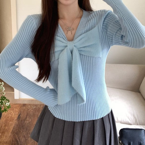 Light Blue Flat Knit With Bow Top