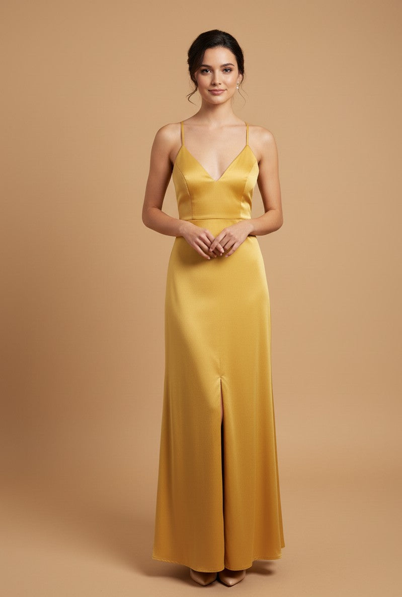 Yellow Sleeveless V Plunging Neck Dress