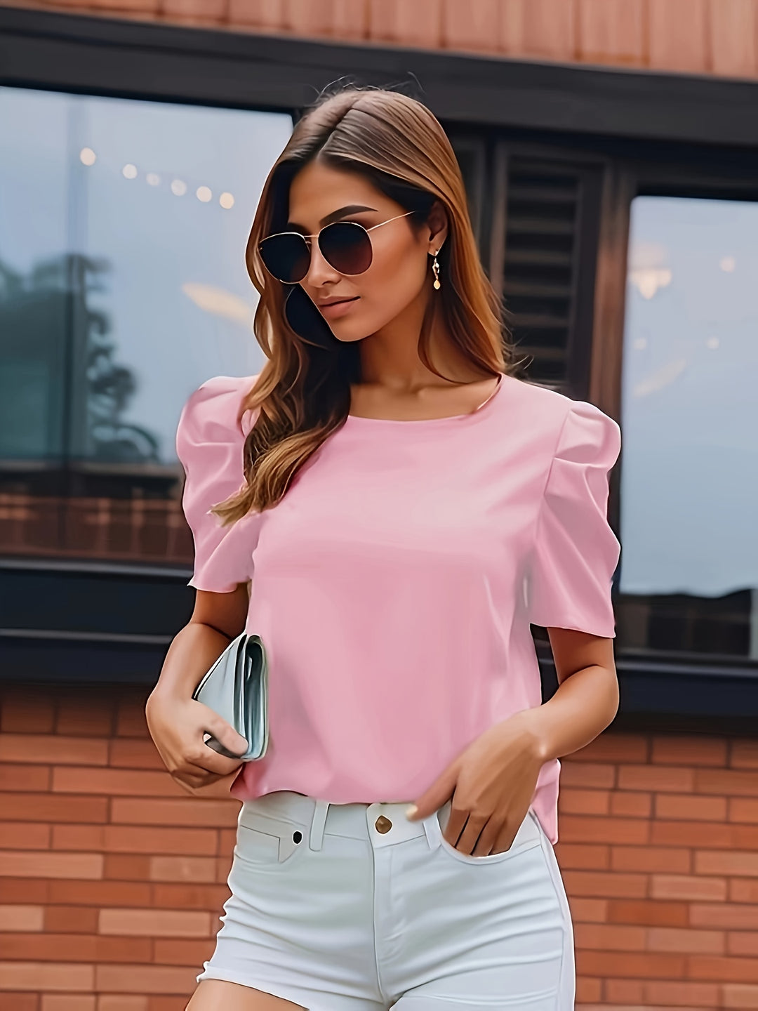 Pink Half Puff Sleeves Top