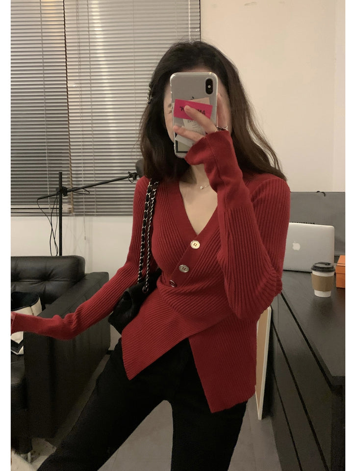 Maroon Full Sleeve Wrap Asymmetrical Hem Top