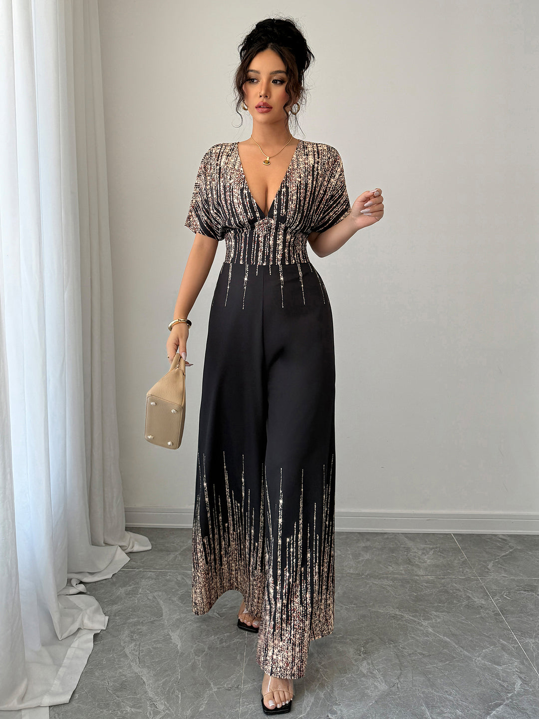 Black Shimmer Plunge Neck Jumpsuit