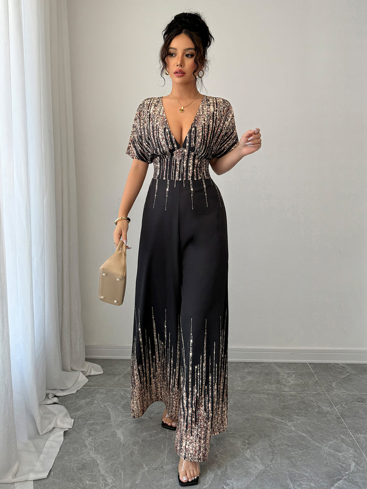 Black Shimmer Plunge Neck Jumpsuit