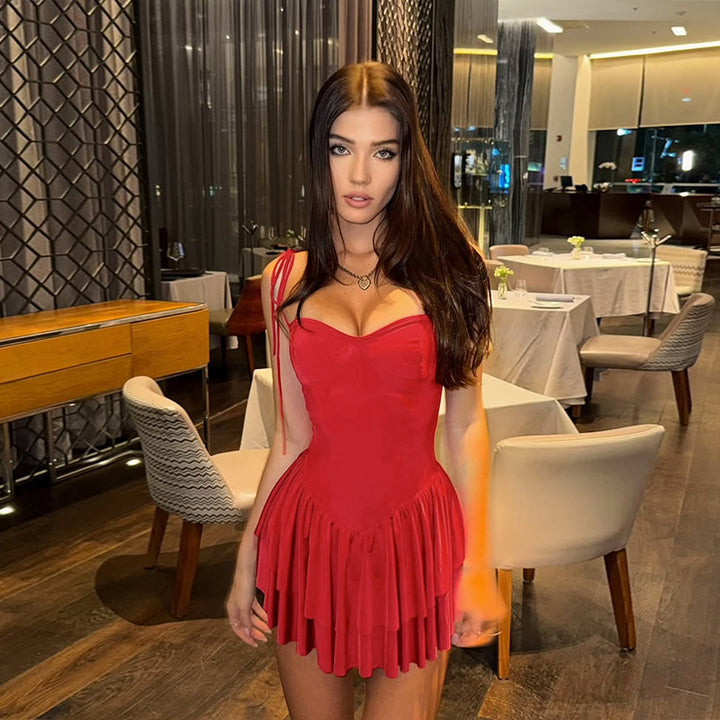 Red Fit And Flare Low Waist Mini Dress With Ruffles
