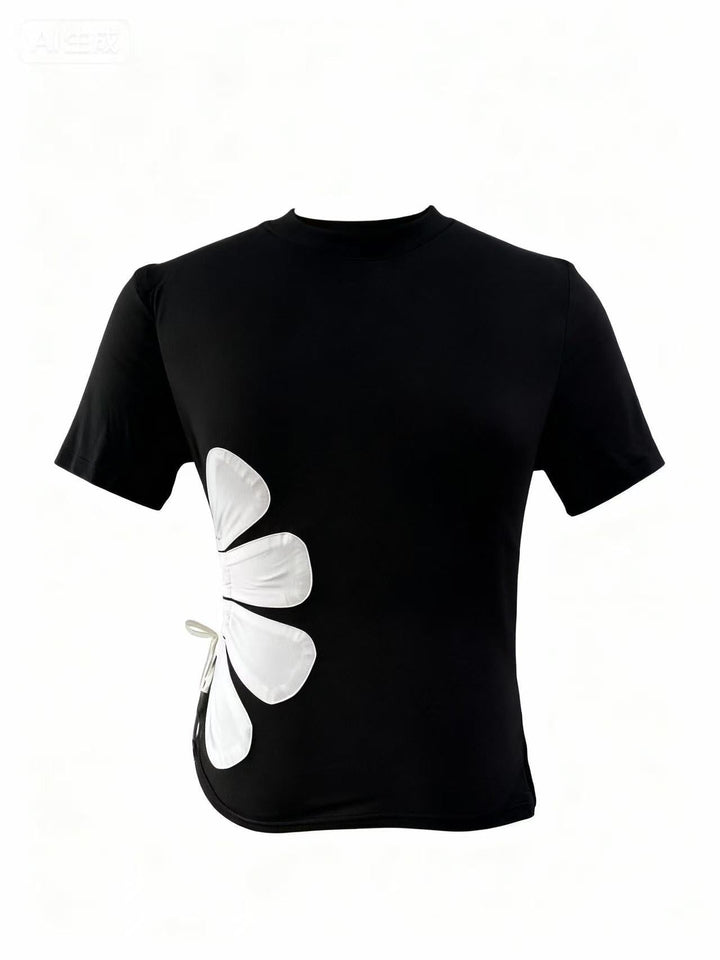 Black Short Sleeve Asymmetrical Hem Waist Detail Top