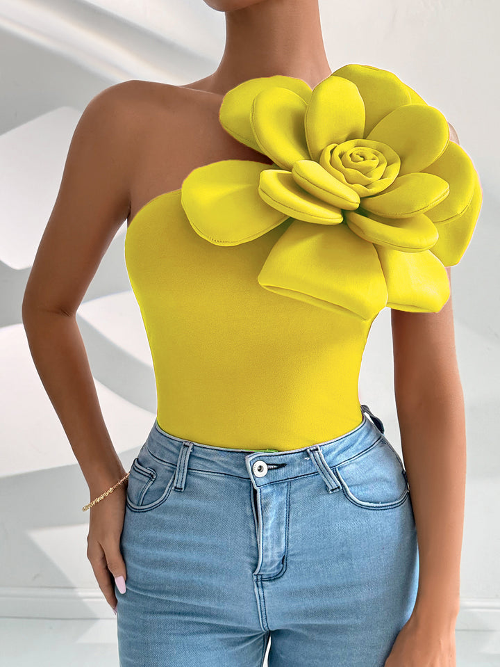 Yellow One Shoulder Flower Attached Top