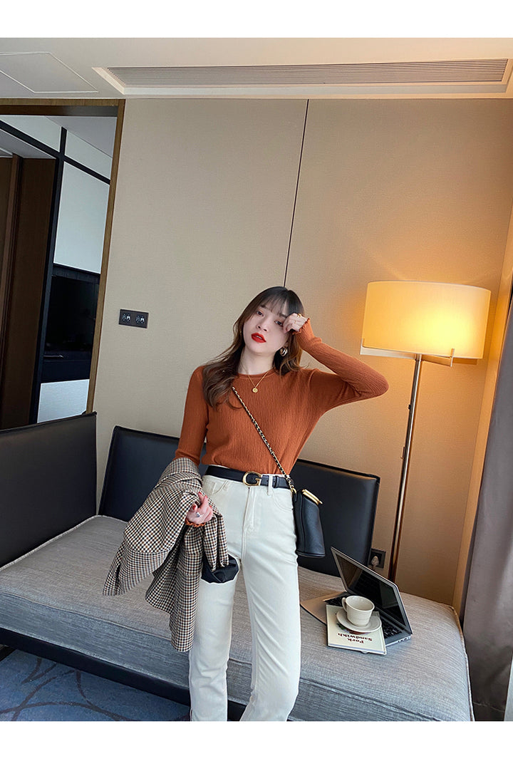 Orange Full Sleeve Scallop Hem Mock Neck Fitted Top