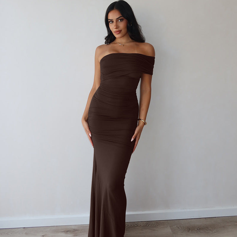 Brown Off-Shoulder A-Line Maxi Dress