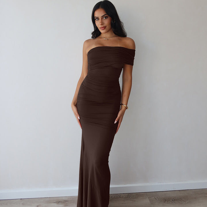 Brown Off-Shoulder A-Line Maxi Dress