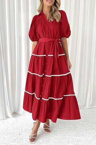 Red Button Down Puff Sleeved Shirt Dress